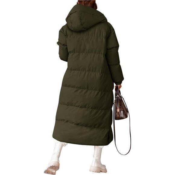 Women's Long Quilted Coat Winter Hooded Button Down Puffer Padded Jacket - Picture 4 of 5